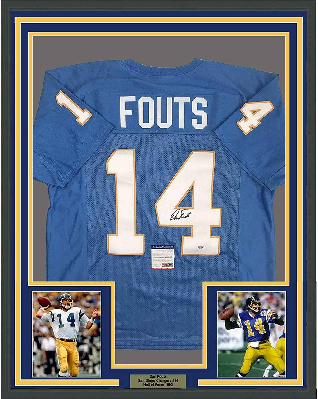 Framed Autographed/Signed Dan Fouts 35x39 San Diego Powder Blue Football Jersey PSA/DNA COA