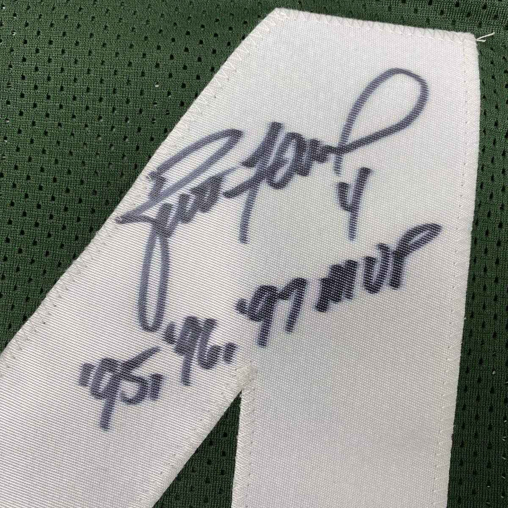 Framed Autographed/Signed Brett Favre 95 96 97 MVP 35x39 Green Bay Green Football Jersey PSA/DNA COA