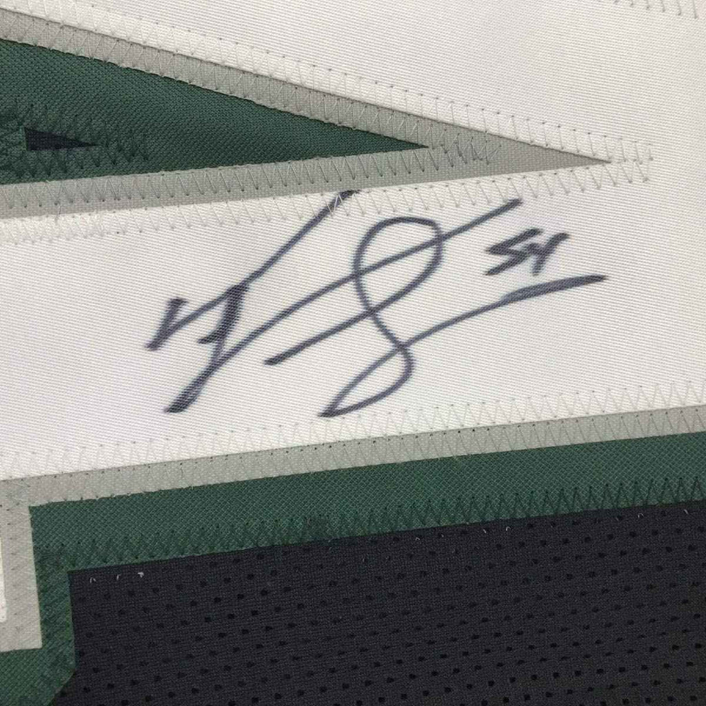 Framed Autographed/Signed Jeremiah Trotter 35x39 Philadelphia Black Football Jersey JSA COA