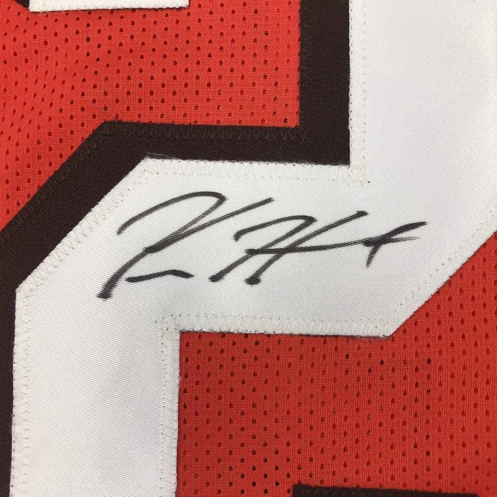 Framed Autographed/Signed Kareem Hunt 35x39 Cleveland Orange Football Jersey JSA COA