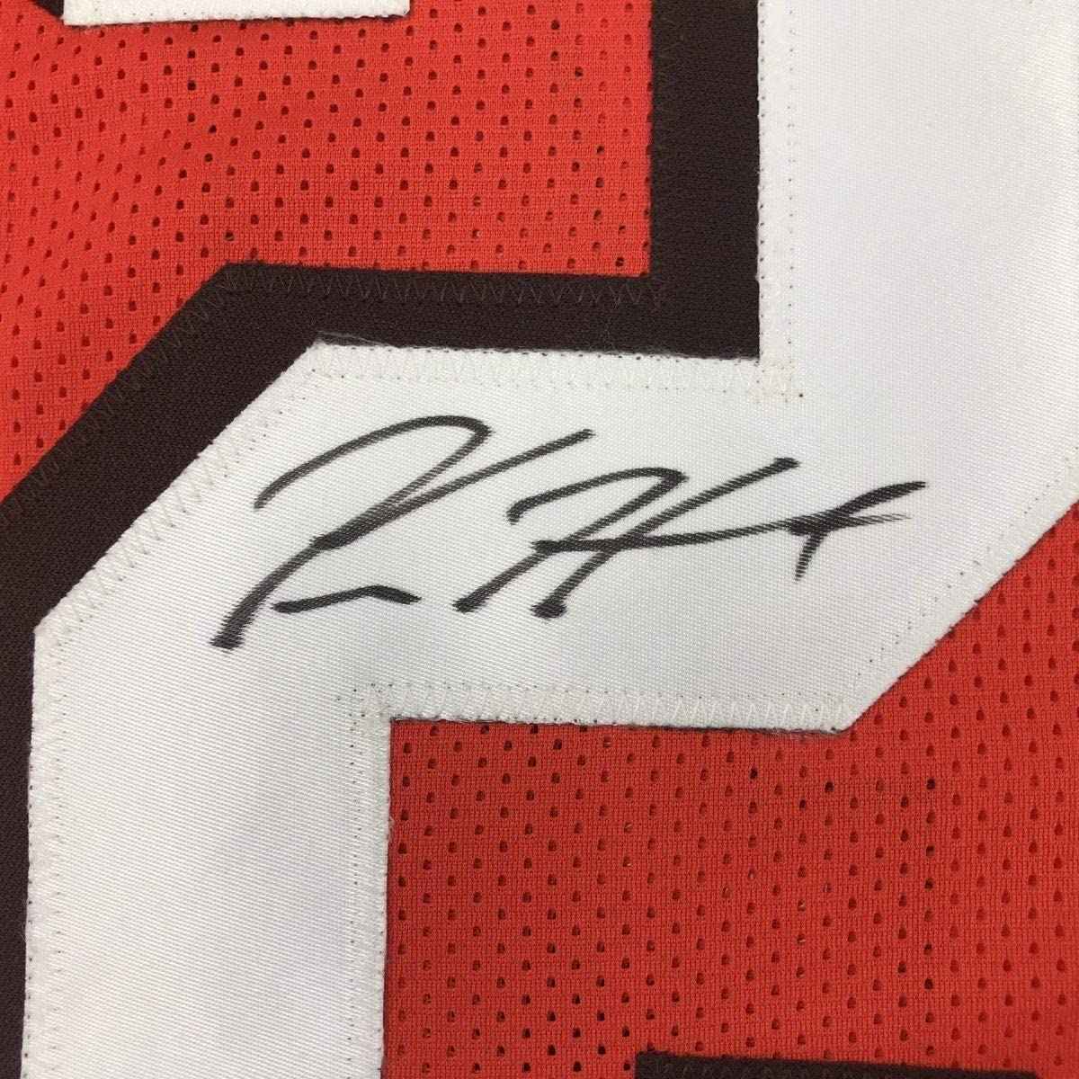 Framed Autographed/Signed Kareem Hunt 35x39 Cleveland Orange Football Jersey JSA COA