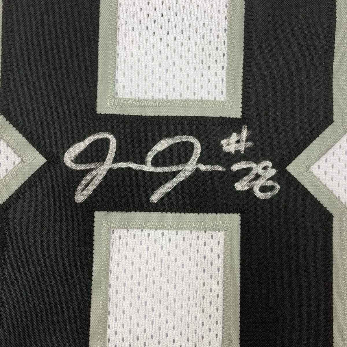 Framed Autographed/Signed Josh Jacobs 35x39 Las Vegas Oakland White Football Jersey Beckett BAS COA