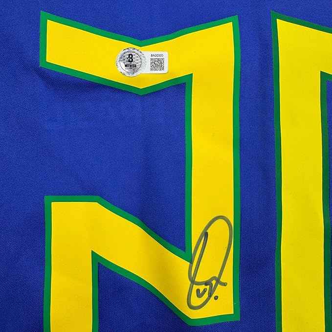 Framed Autographed/Signed Vini Vinicius Jr. 35x39 Brazil Blue Soccer Jersey Beckett BAS COA