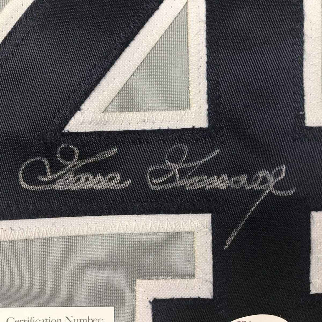 Framed Autographed/Signed Goose Gossage 35x39 New York Grey Baseball Jersey JSA COA
