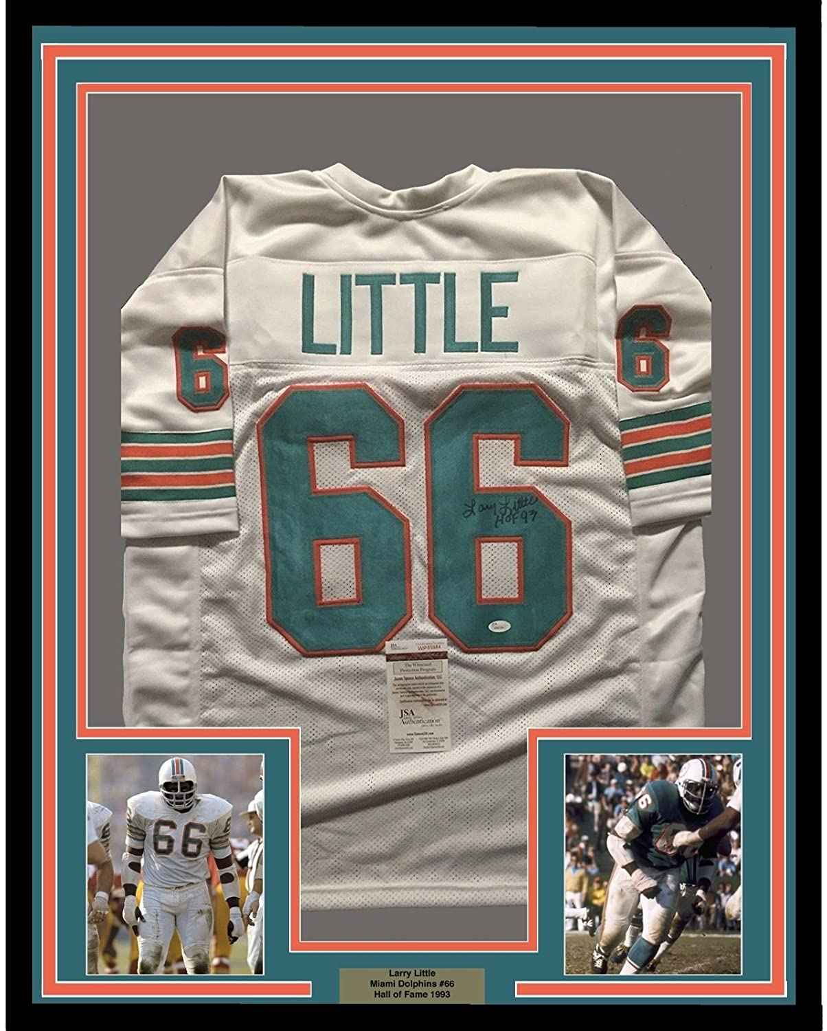 Framed Autographed/Signed Larry Little HOF 93  35x39 Miami Dolphins White Football Jersey JSA COA