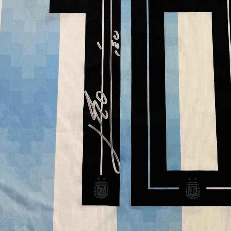Framed Autographed/Signed Lionel Leo Messi 35x39 Argentina Blue/White Soccer Jersey Beckett BAS COA