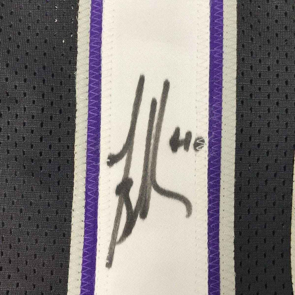 Framed Autographed/Signed Mike Bibby 35x39 Sacramento Black Basketball Jersey PSA/DNA COA