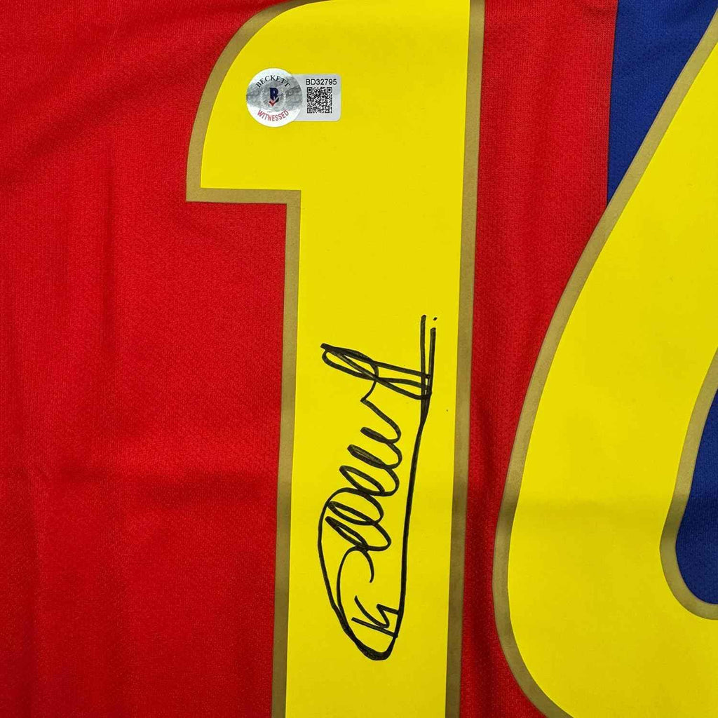 Framed Autographed/Signed Thierry Henry 35x39 FC Barcelona Blue Soccer Jersey Beckett BAS COA