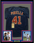 Framed Autographed/Signed Lou Piniella 35x39 Chicago Blue Baseball Jersey JSA COA