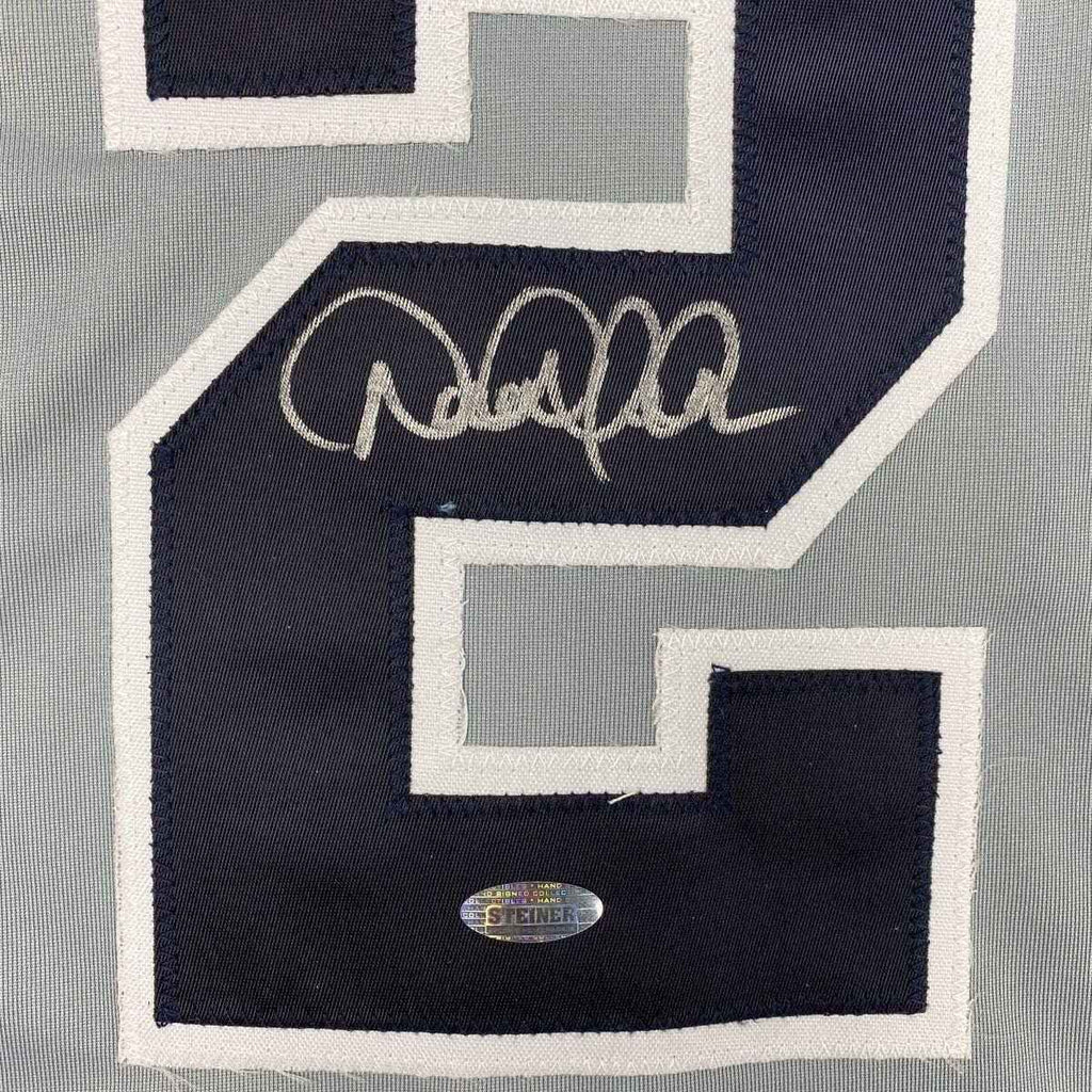 Framed Autographed/Signed Derek Jeter 35x39 New York Grey Baseball Jersey Steiner Sports COA Hologram Only