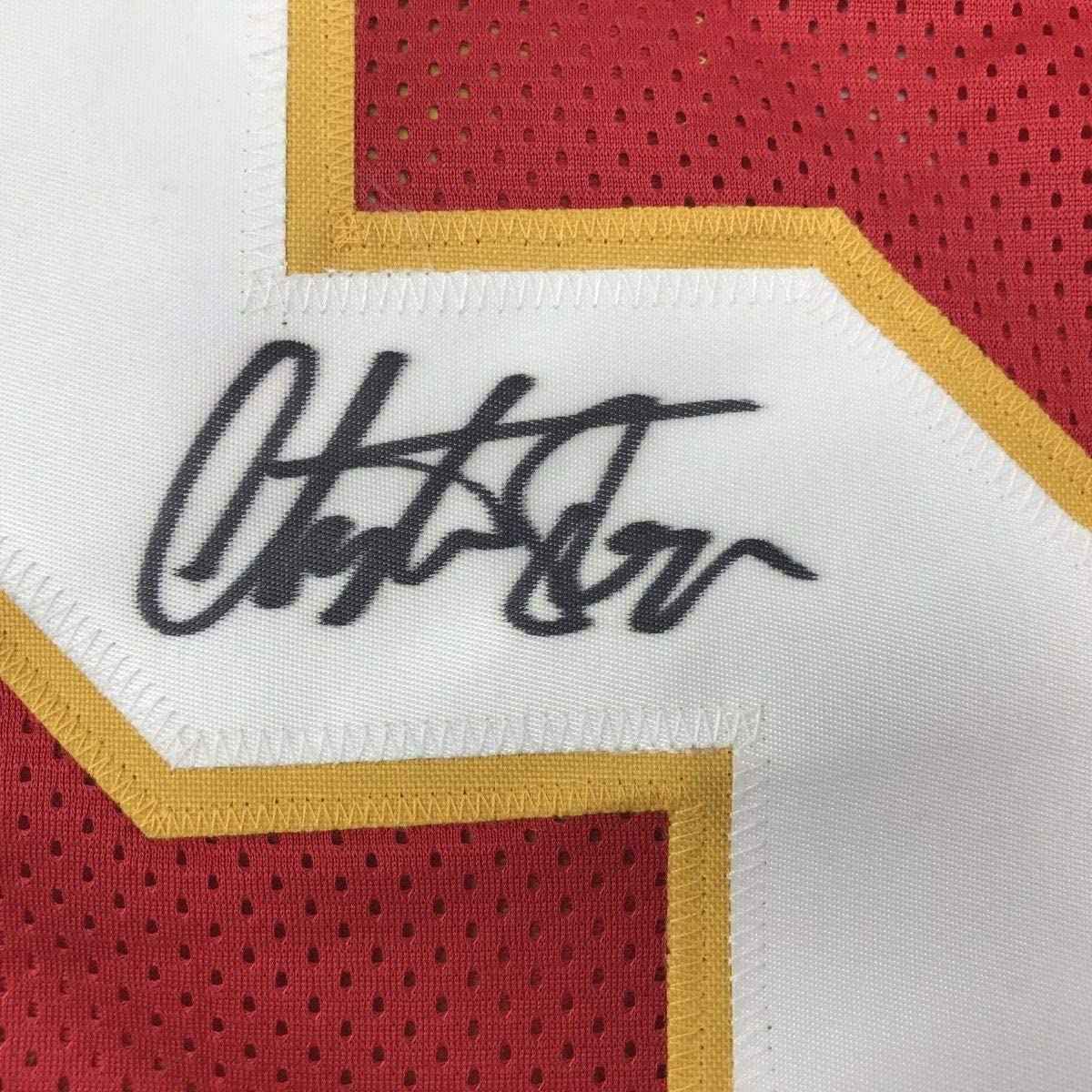 Framed Autographed/Signed Christian Okoye 35x39 Nigerian Nightmare Kansas City Red Football Jersey PSA/DNA COA