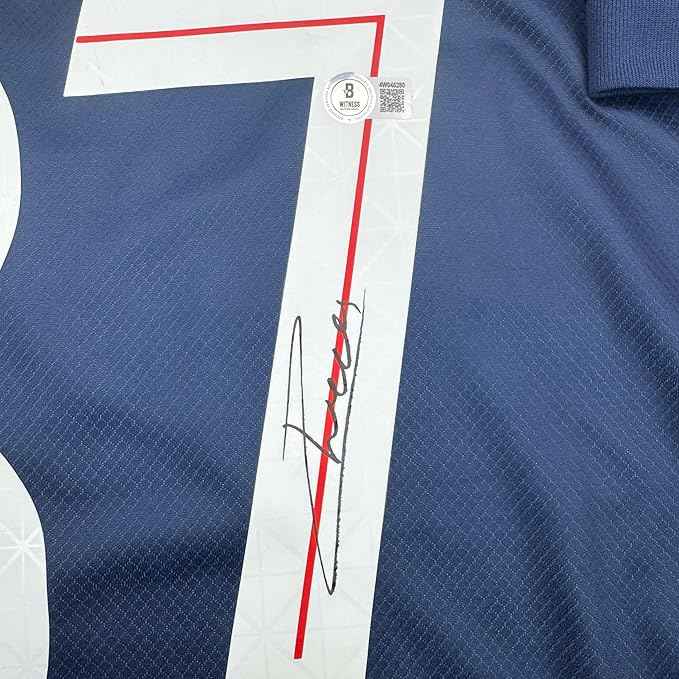 Framed Autographed/Signed Joao Neves 35x39 PSG Paris Saint Germain Blue Soccer Futbol Jersey Beckett BAS COA
