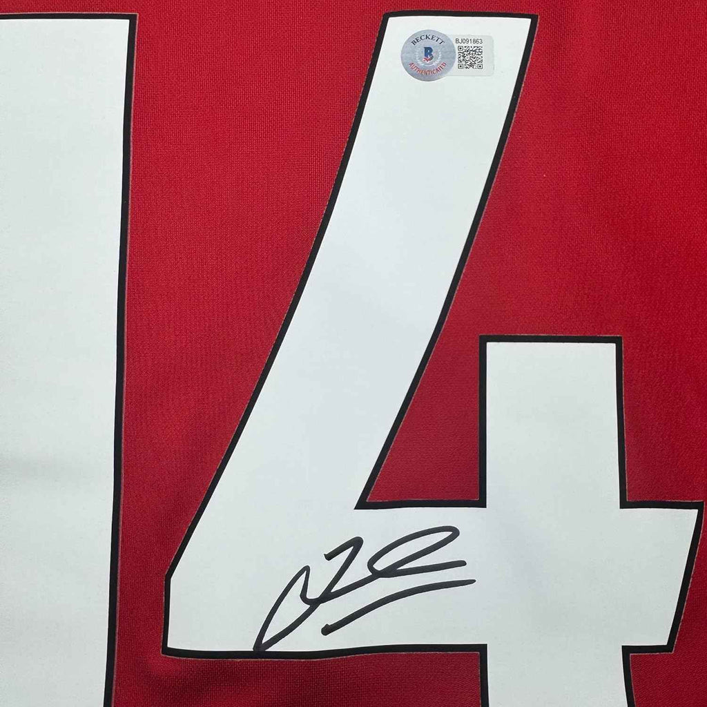 Framed Autographed/Signed Jordan Henderson 35x39 Liverpool Red Soccer Jersey Beckett BAS COA