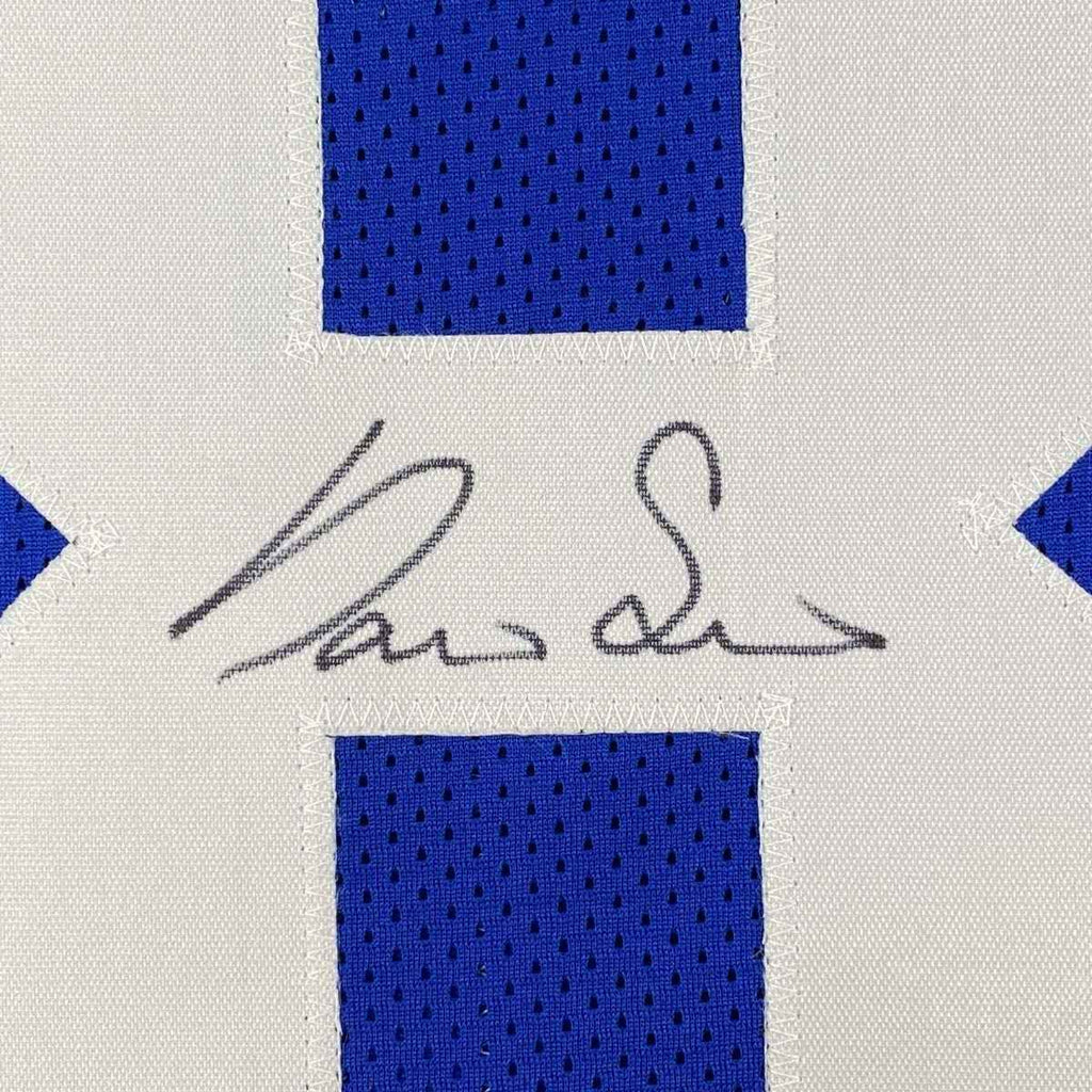 Framed Autographed/Signed Darius Slayton 35x39 New York Blue Football Jersey JSA COA