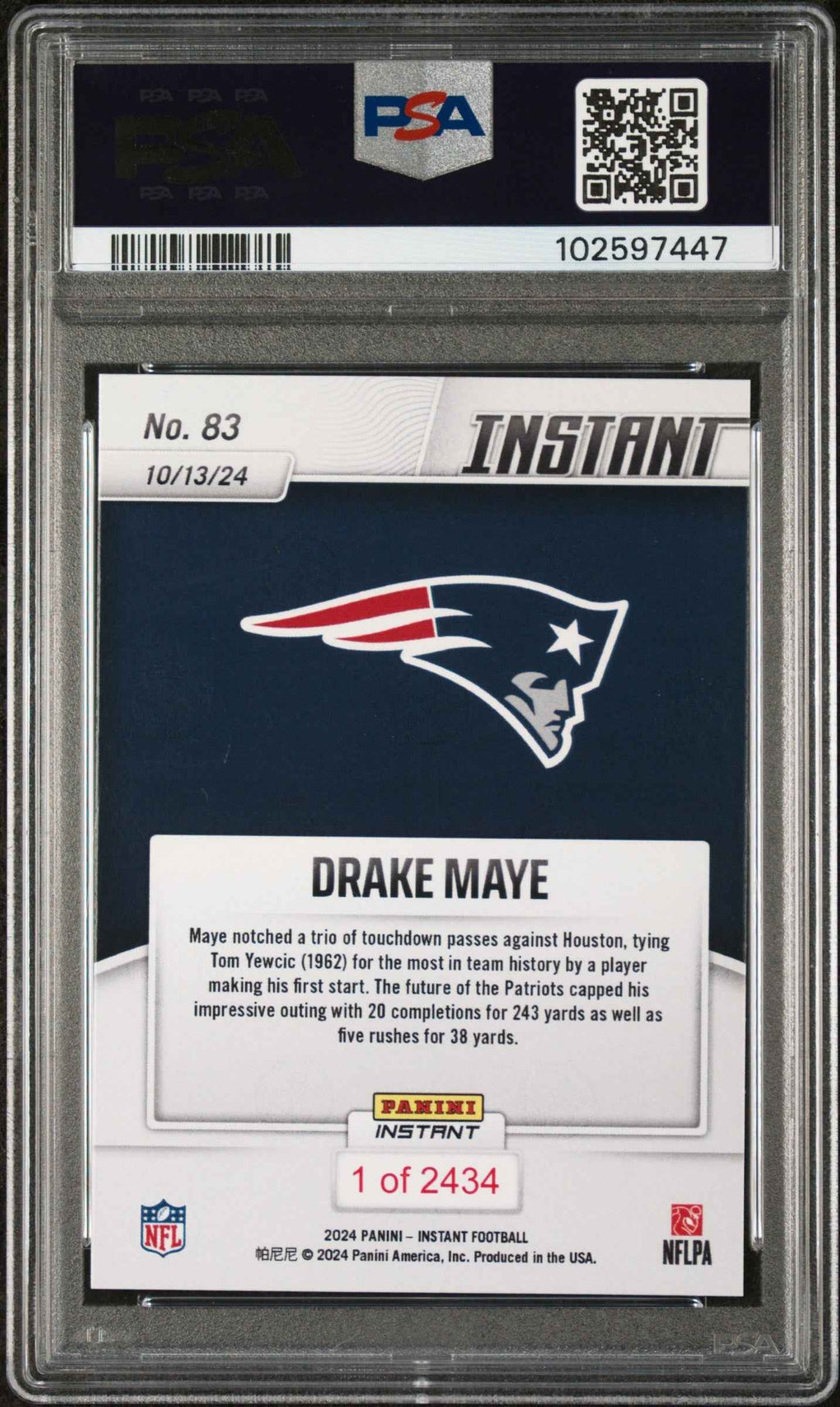 Graded 2024 Panini Instant NFL Drake Maye #83 Rookie RC Football Card PSA 9 Mint