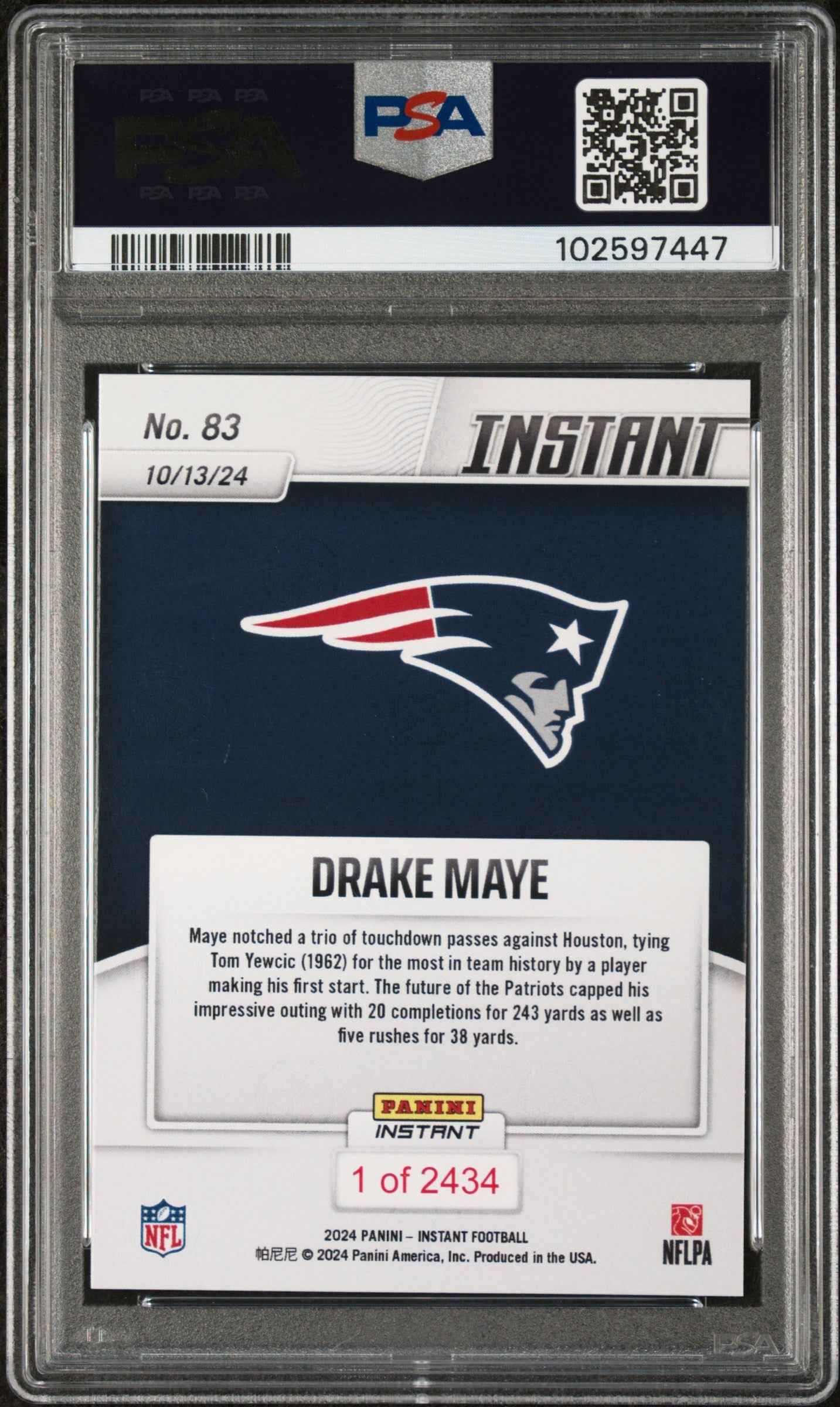 Graded 2024 Panini Instant NFL Drake Maye #83 Rookie RC Football Card PSA 9 Mint