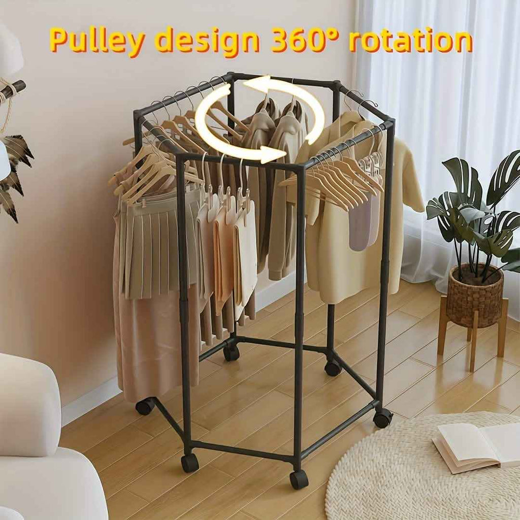 360 Rotating Freestanding Clothing Rack, Hexagonal Carbon Steel Organizer with Wheels