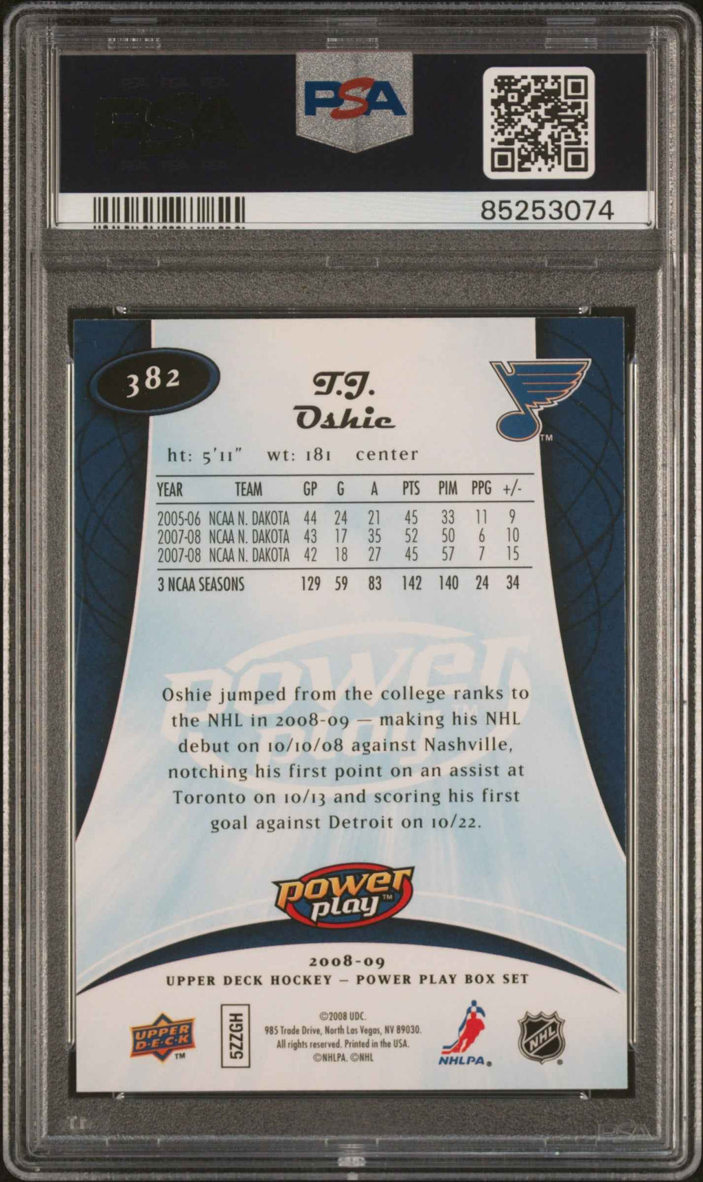 Graded 2008 Upper Deck TJ Oshie #382 Power Play Box Set Rookie RC Hockey Card PSA 10 Gem Mint