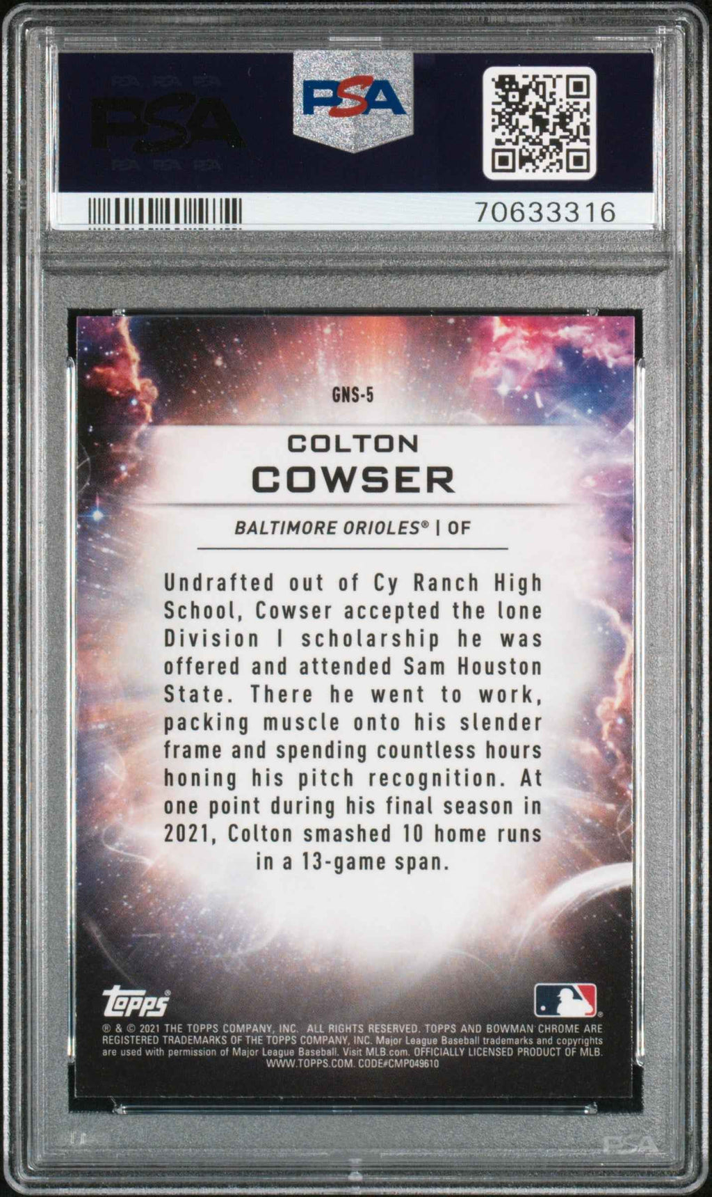 Graded 2021 Topps Bowman Draft Colton Cowser #GNS5 Genesis Rookie RC Baseball Card PSA 10 Gem Mint
