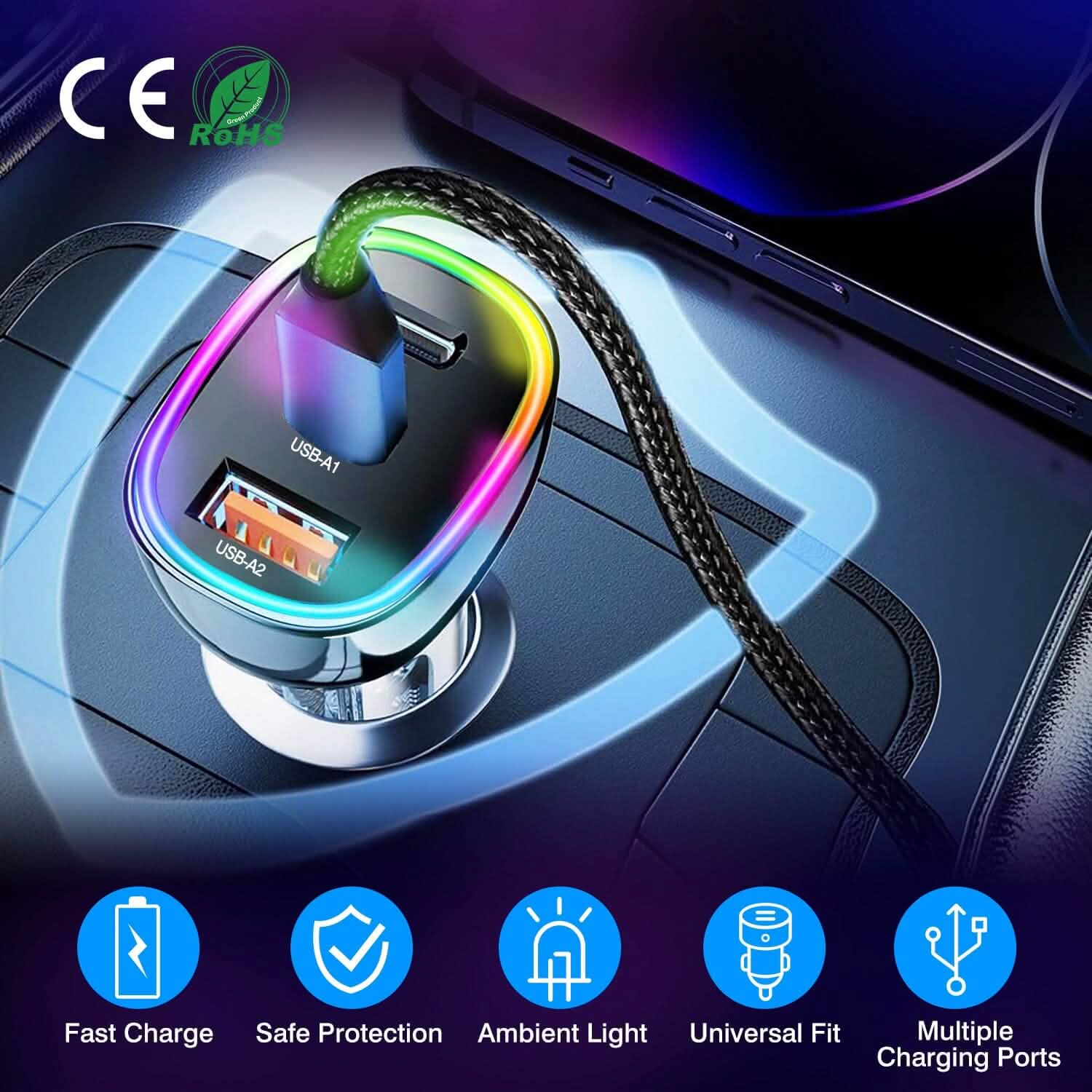 90W 3 Ports Fast Car Charger USB and Type C