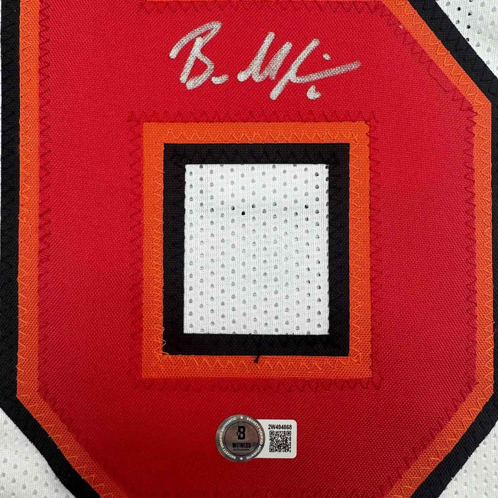 Framed Autographed/Signed Baker Mayfield 35x39 Tampa Bay White Football Jersey Beckett BAS COA