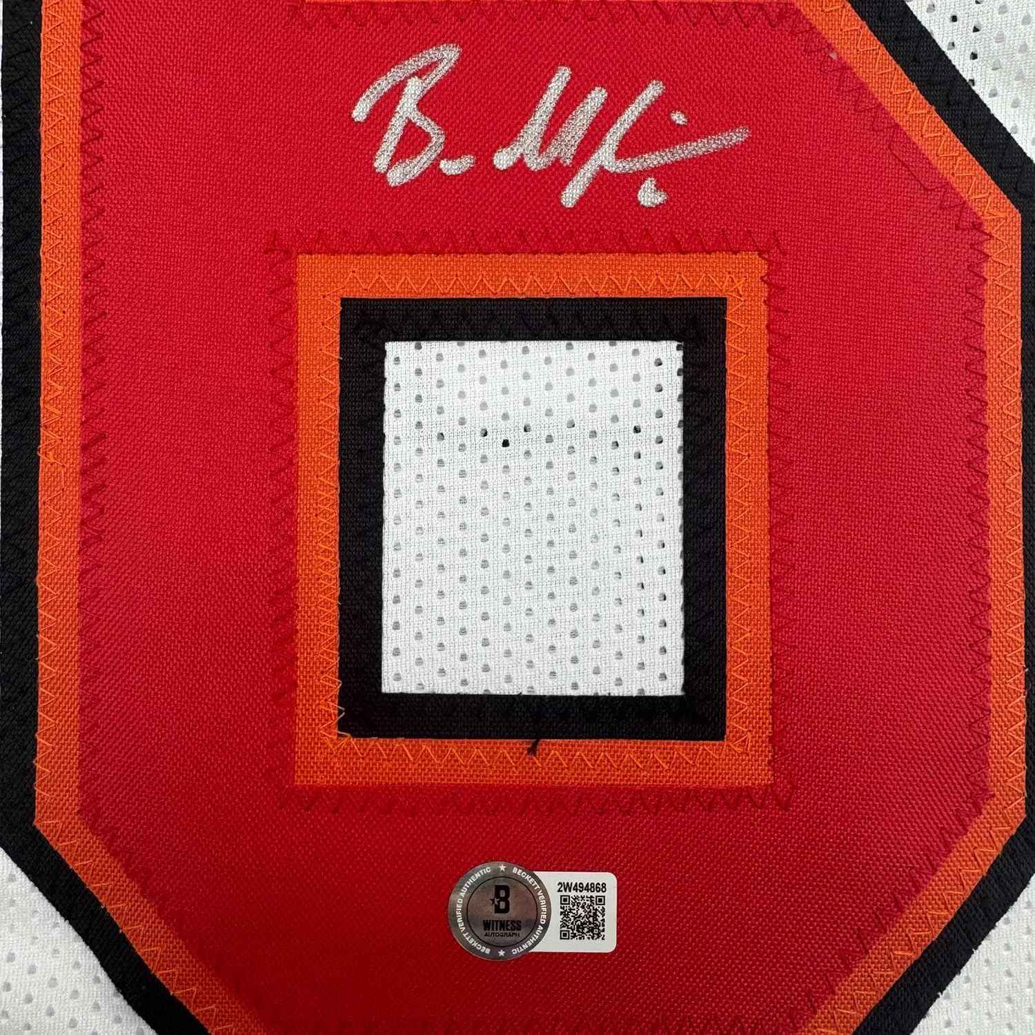 Framed Autographed/Signed Baker Mayfield 35x39 Tampa Bay White Football Jersey Beckett BAS COA