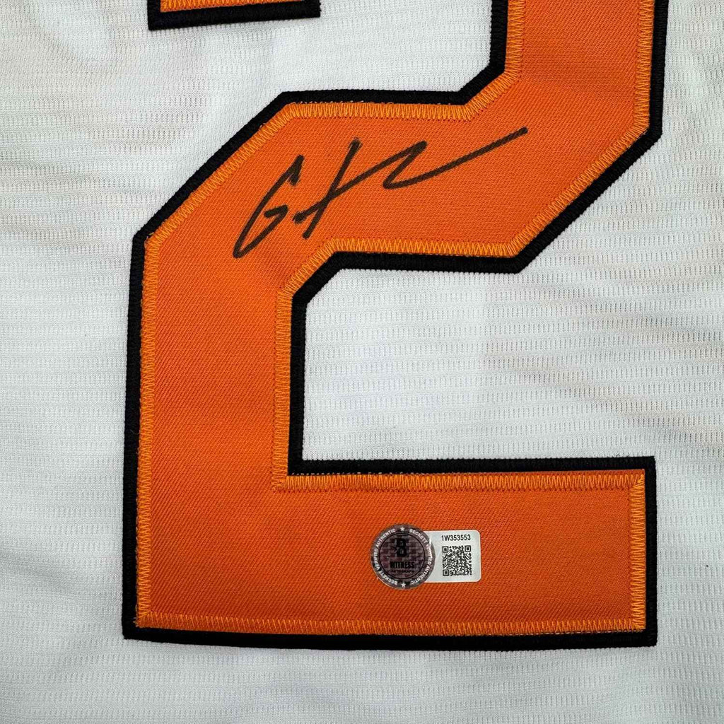 Framed Autographed/Signed Gunnar Henderson 35x39 Baltimore White Baseball Jersey Beckett BAS COA