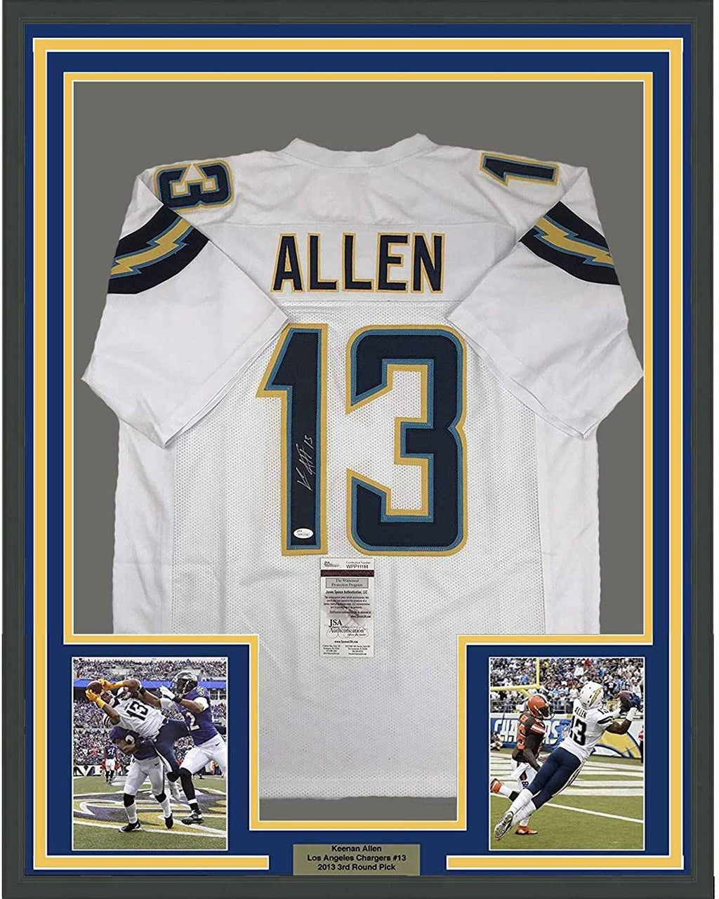 Framed Autographed/Signed Keenan Allen 35x39 Los Angeles LA Chargers White Football Jersey JSA COA