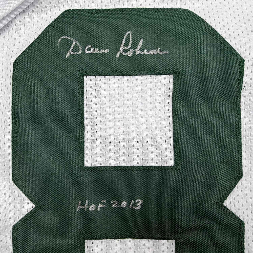 Framed Autographed/Signed Dave Robinson 35x39 HOF 13 Green Bay White Football Jersey JSA COA