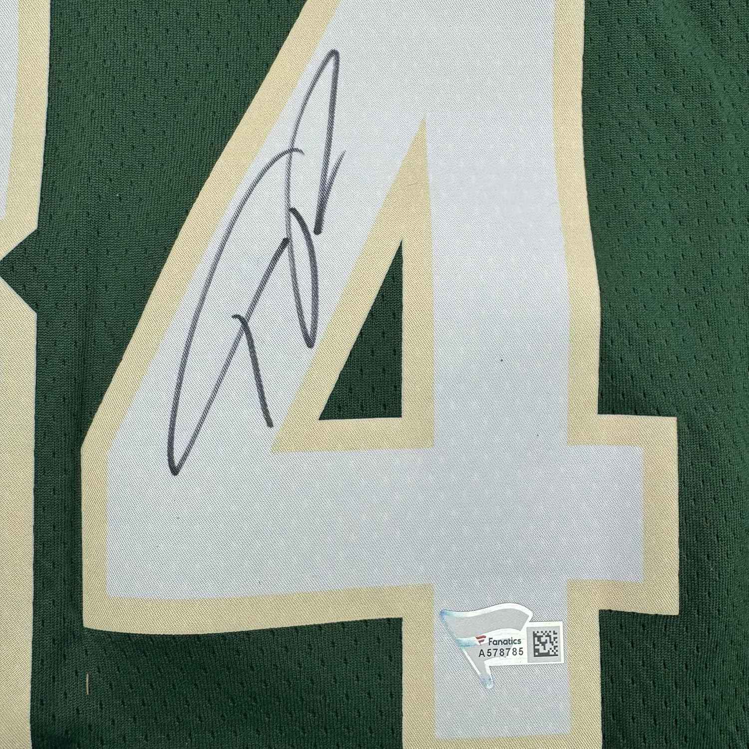 Framed Autographed/Signed Giannis Antetokounmpo 35x39 Milwaukee Green Custom Basketball Jersey Fanatics COA