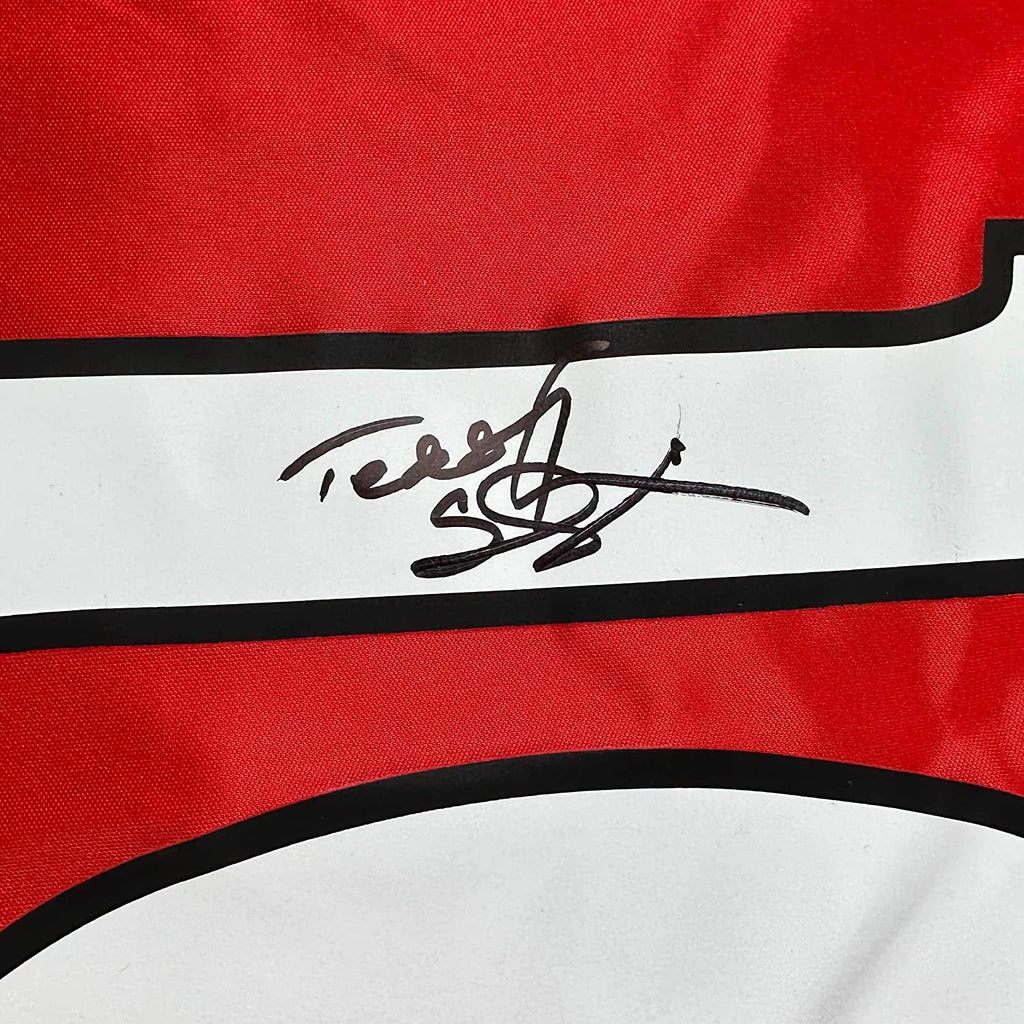 Framed Autographed/Signed Teddy Sheringham 35x39 Manchester United Red Soccer Jersey Beckett BAS COA