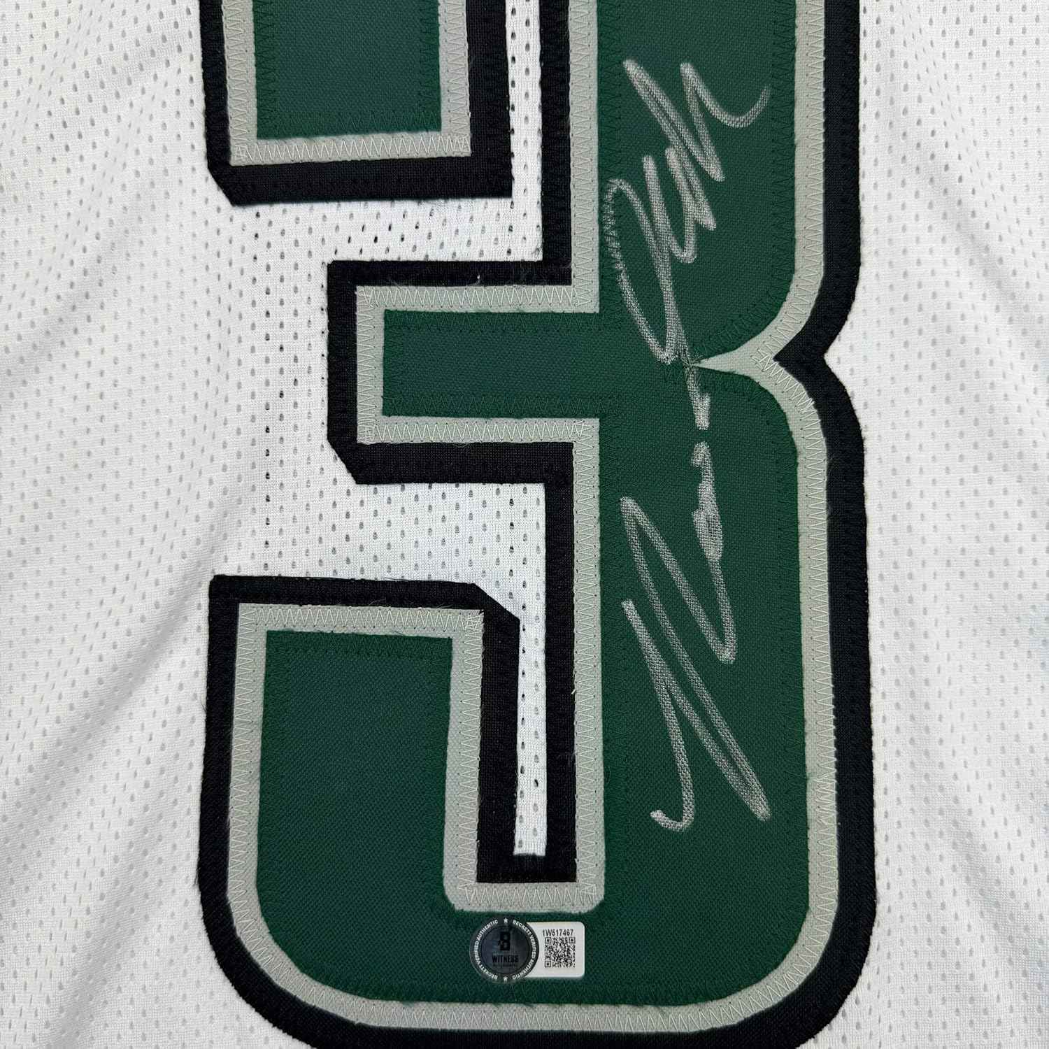 Framed Autographed/Signed Nolan Smith Jr. 35x39 Philadelphia White Football Jersey Beckett BAS COA