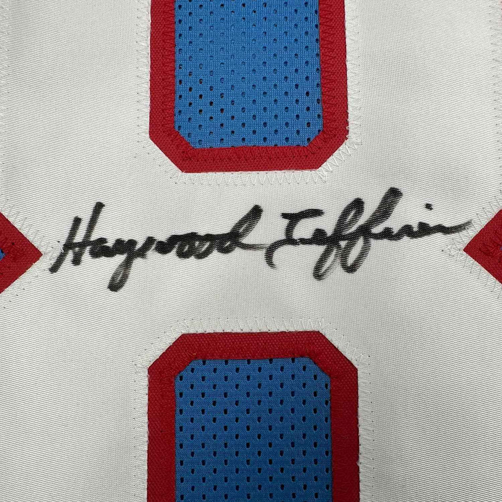 Framed Autographed/Signed Haywood Jeffires 35x39 Tennessee Retro Light Blue Football Jersey JSA COA