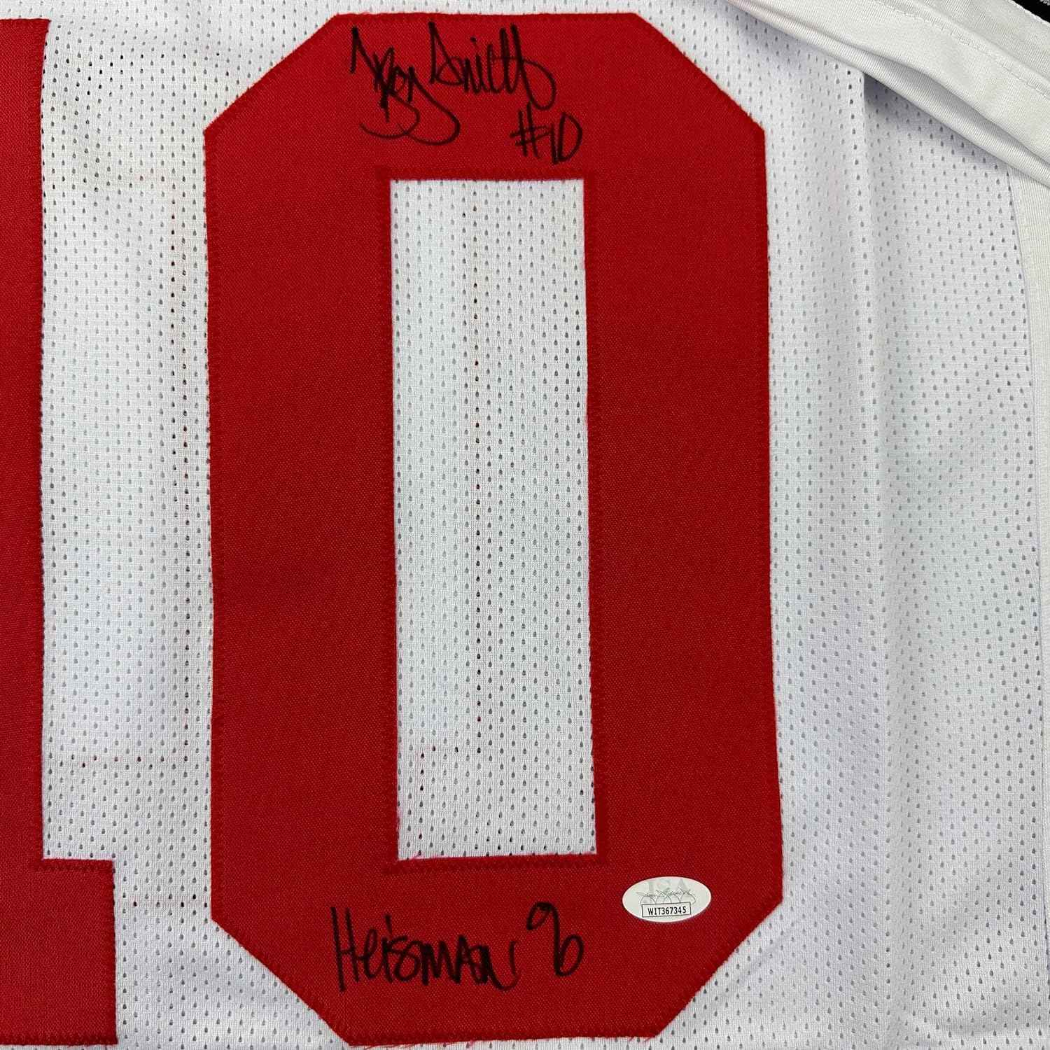 Framed Autographed/Signed Troy Smith 35x39 Heisman 06 Ohio State White College Football Jersey JSA COA