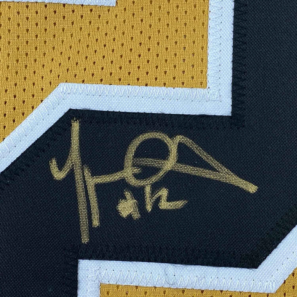 Framed Autographed/Signed Marques Colston 35x39 New Orleans Gold Football Jersey JSA COA