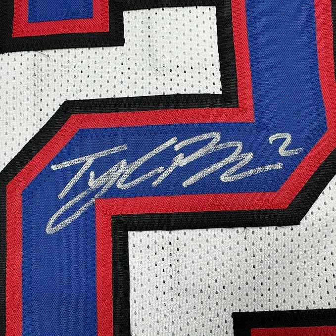 Framed Autographed/Signed Tyler Bass 35x39 Buffalo White Football Jersey JSA COA