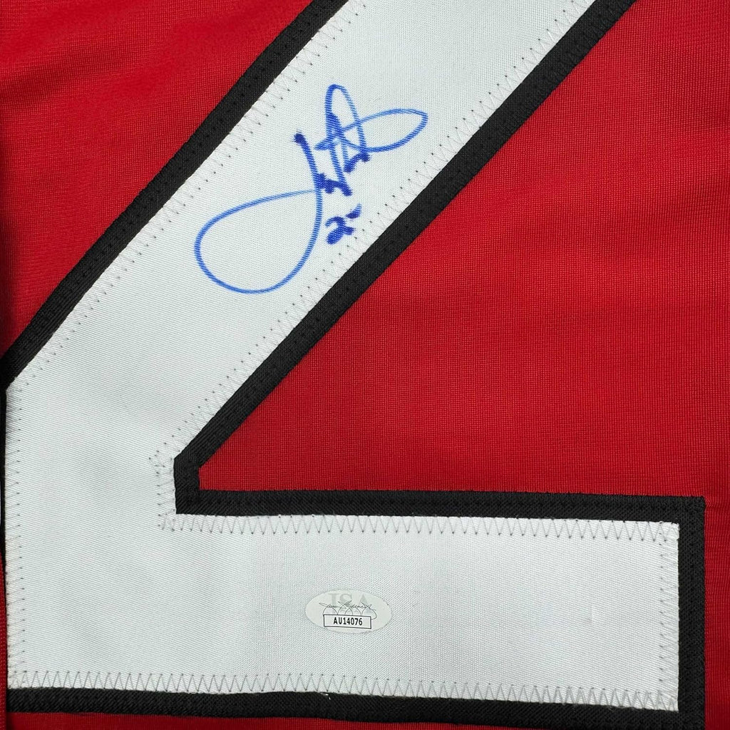 Framed Autographed/Signed Joe Nieuwendyk 35x39 New Jersey Red Hockey Jersey JSA COA
