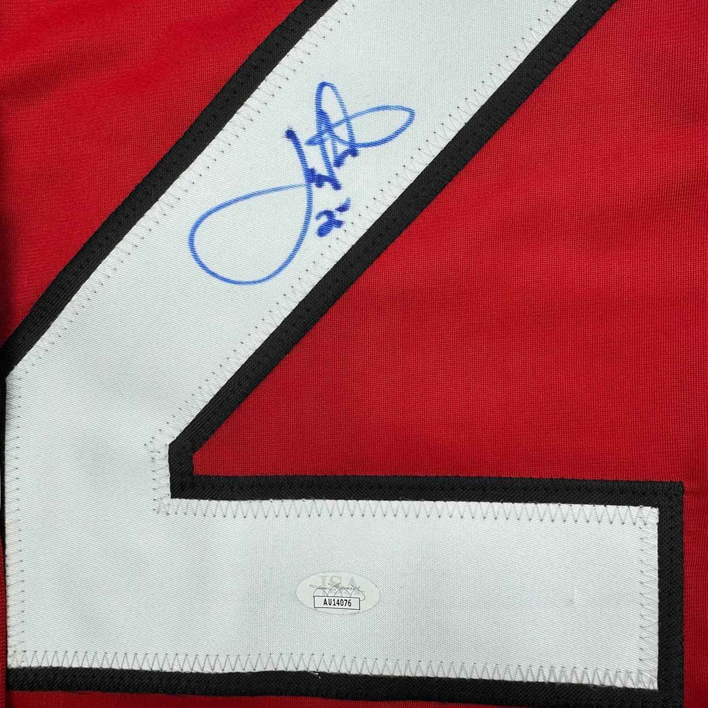 Framed Autographed/Signed Joe Nieuwendyk 35x39 New Jersey Red Hockey Jersey JSA COA