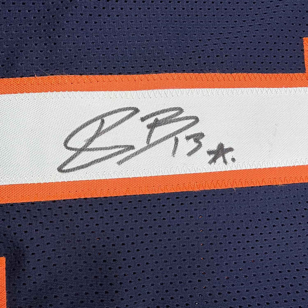 Framed Autographed/Signed Pat Bryant II 35x39 Denver Blue Pro Cut Football Jersey JSA COA