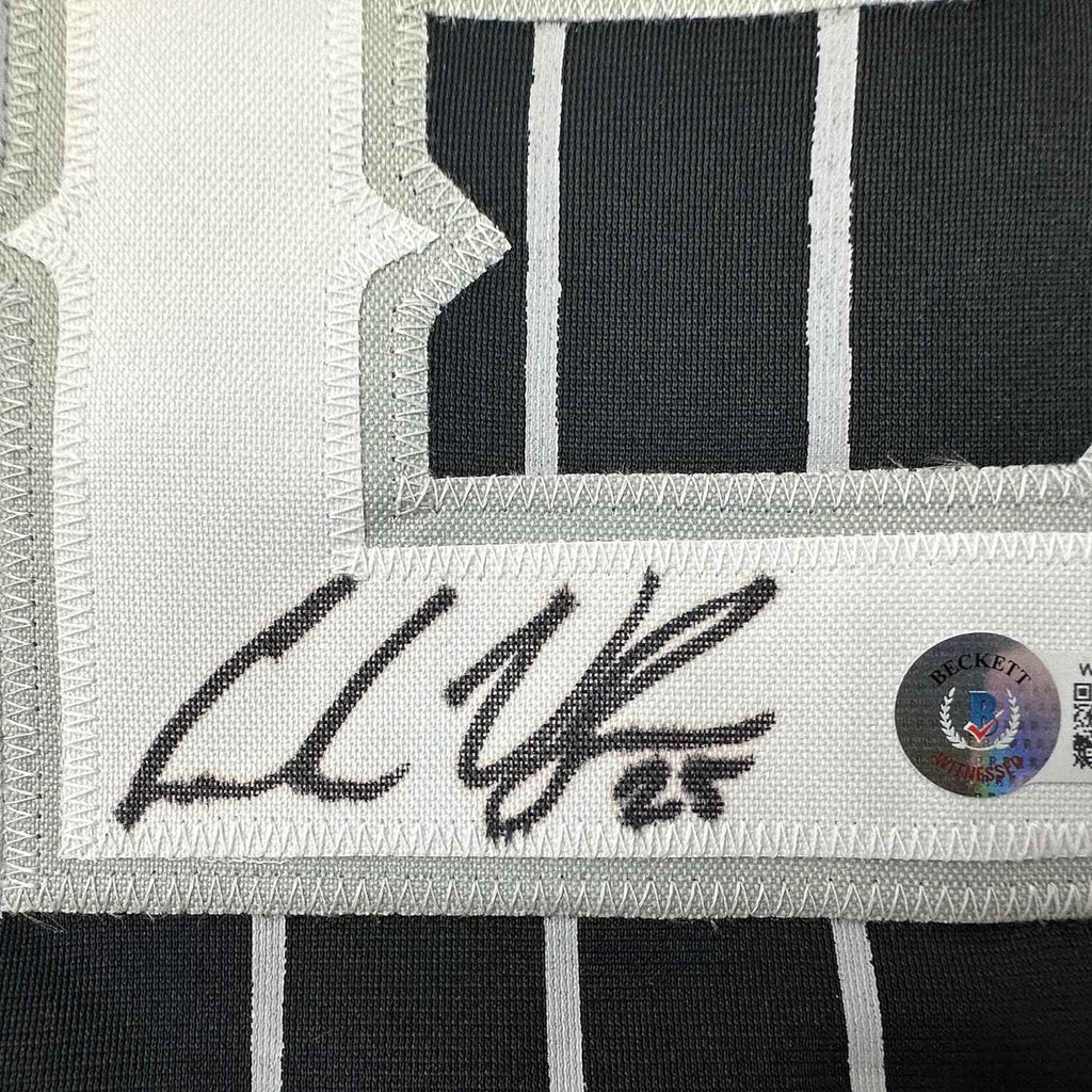 Framed Autographed/Signed Andrew Vaughn 35x39 Chicago Black Pinstripe City Edition Baseball Jersey Beckett BAS COA