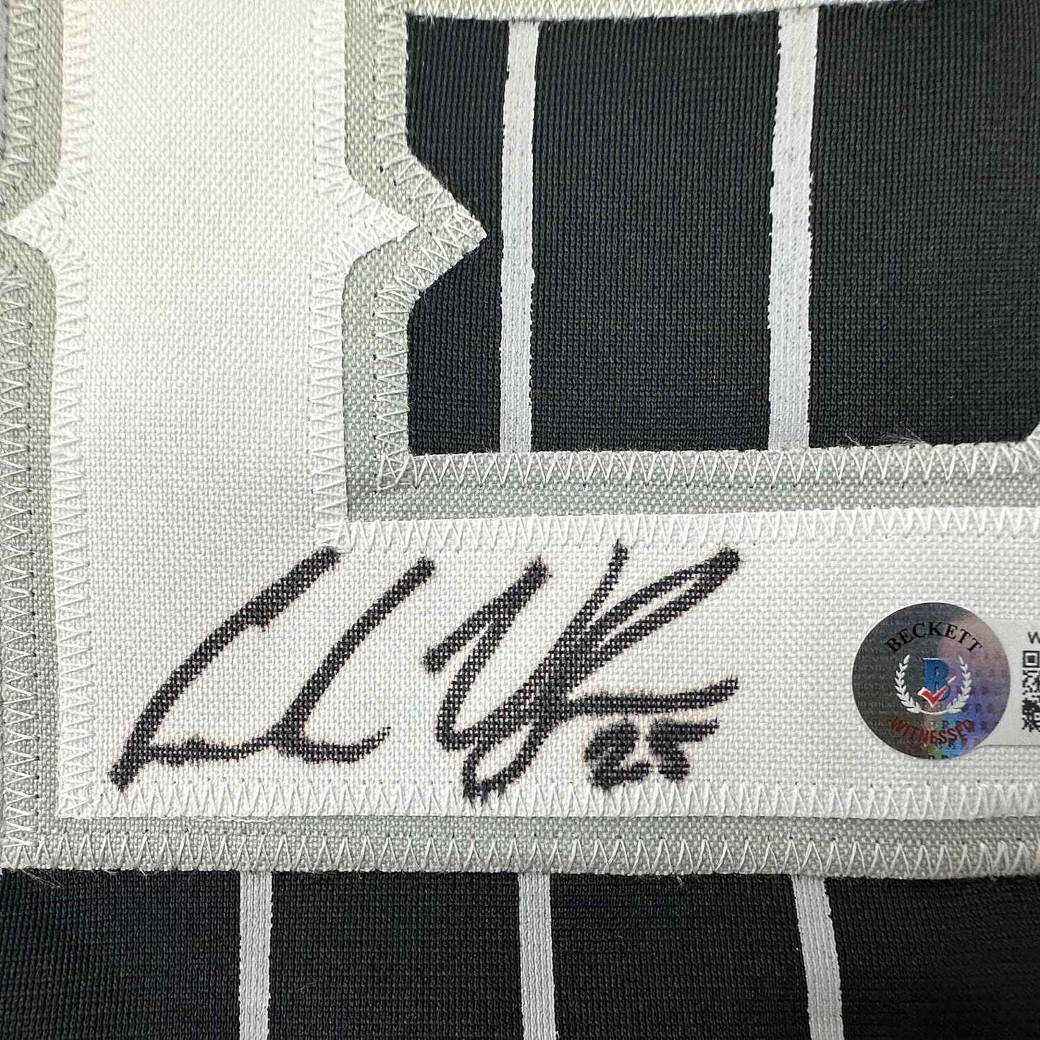 Framed Autographed/Signed Andrew Vaughn 35x39 Chicago Black Pinstripe City Edition Baseball Jersey Beckett BAS COA