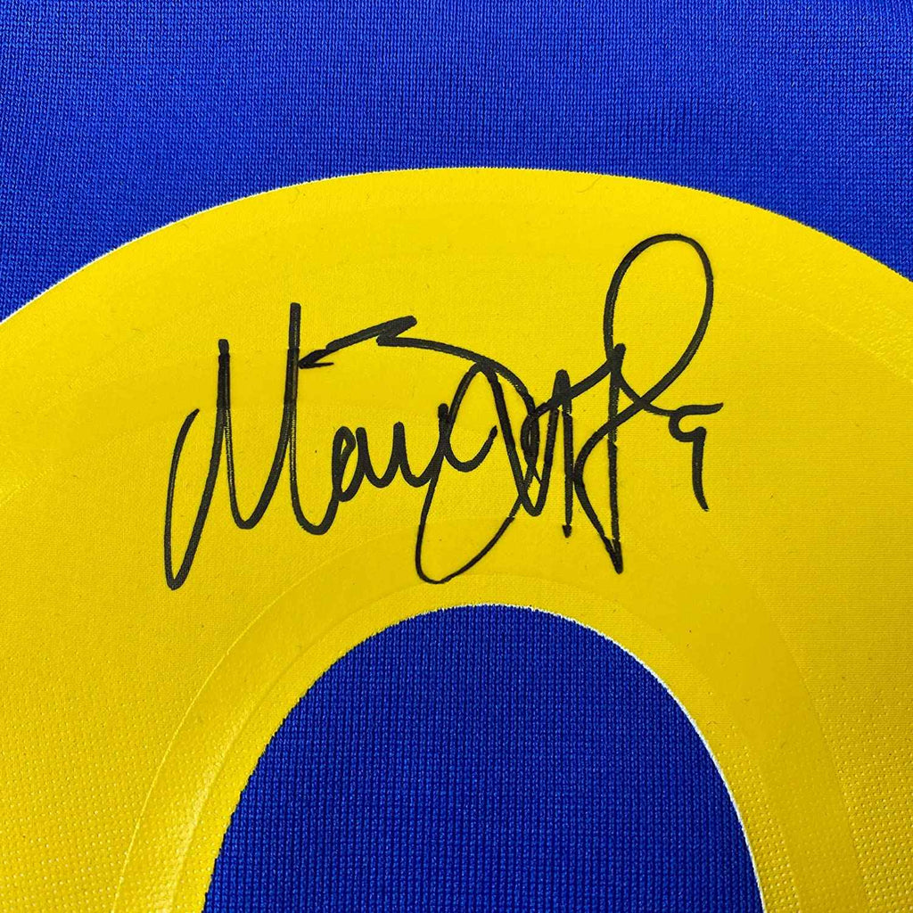 Framed Autographed/Signed Matthew Stafford 35x39 Los Angeles Rams Blue Authentic Nike Game Super Bowl LVI Football Jersey Fanatics COA
