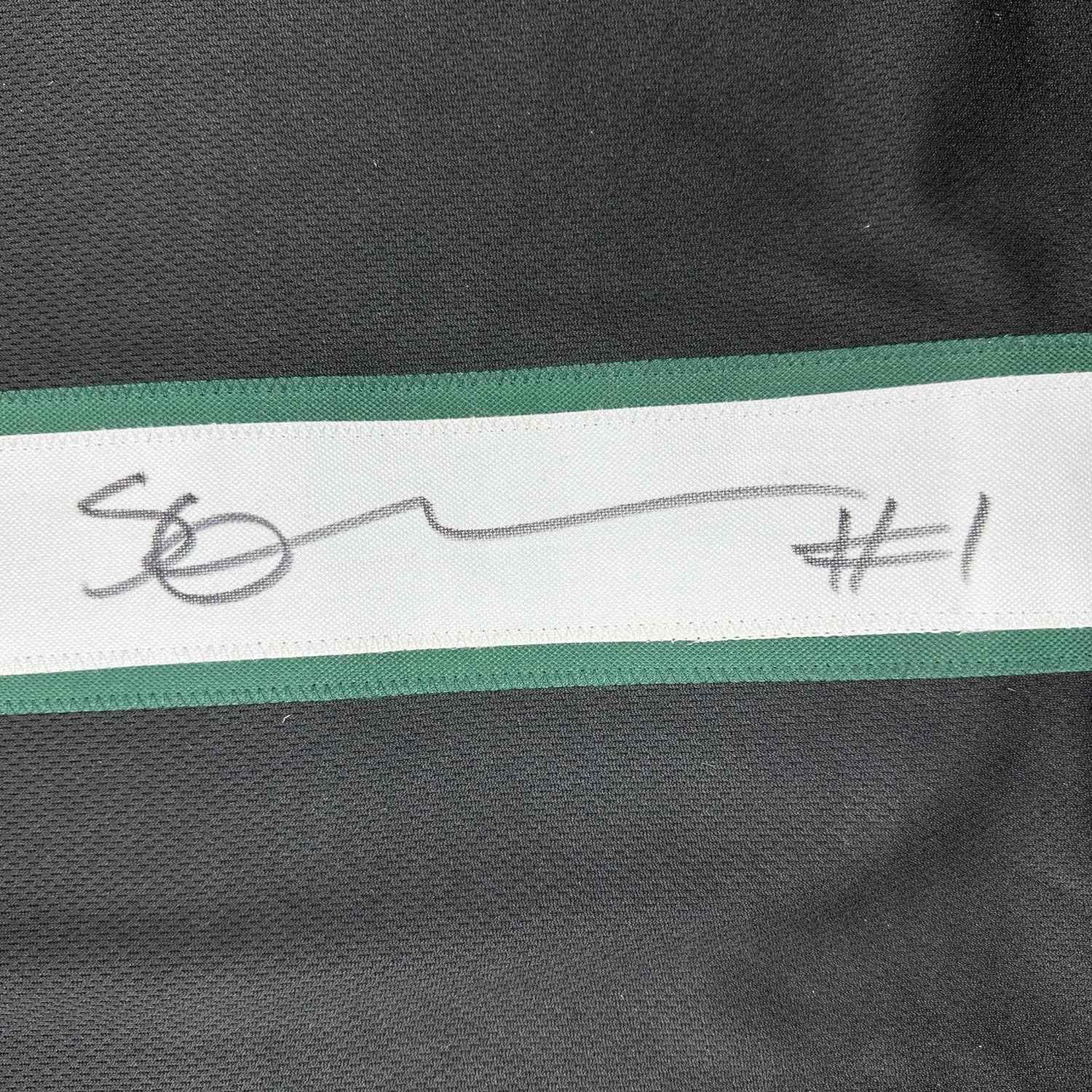 Framed Autographed/Signed Ahmad Sauce Gardner 35x39 New York Black Football Jersey Beckett BAS COA