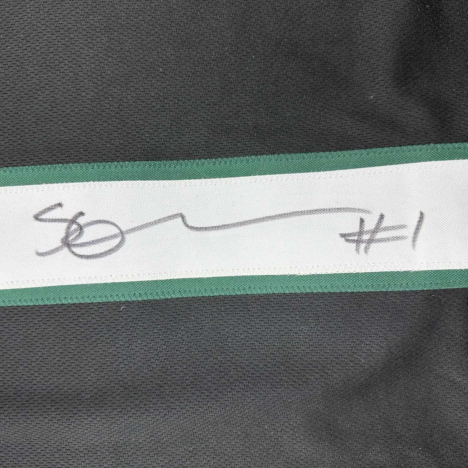 Framed Autographed/Signed Ahmad Sauce Gardner 35x39 New York Black Football Jersey Beckett BAS COA
