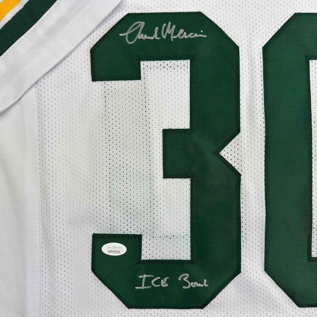 Framed Autographed/Signed Chuck Mercein 35x39 Ice Bowl Green Bay White Football Jersey JSA COA