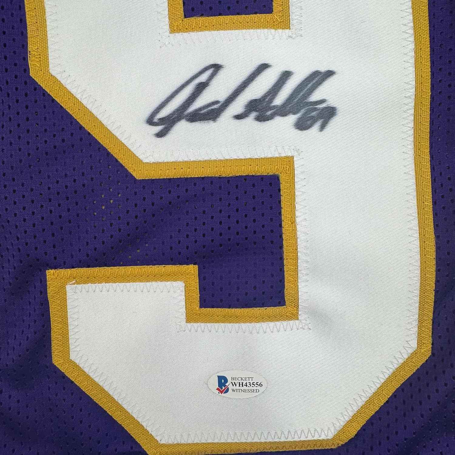 Framed Autographed/Signed Jared Allen 35x39 Minnesota Purple Football Jersey Beckett BAS COA