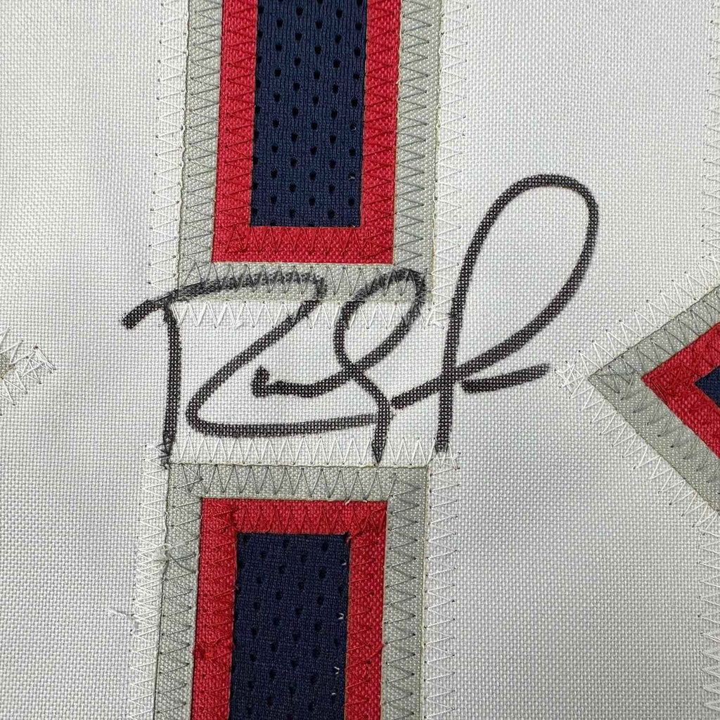 Framed Autographed/Signed Randy Moss 35x39 New England Blue Football Jersey Beckett BAS COA