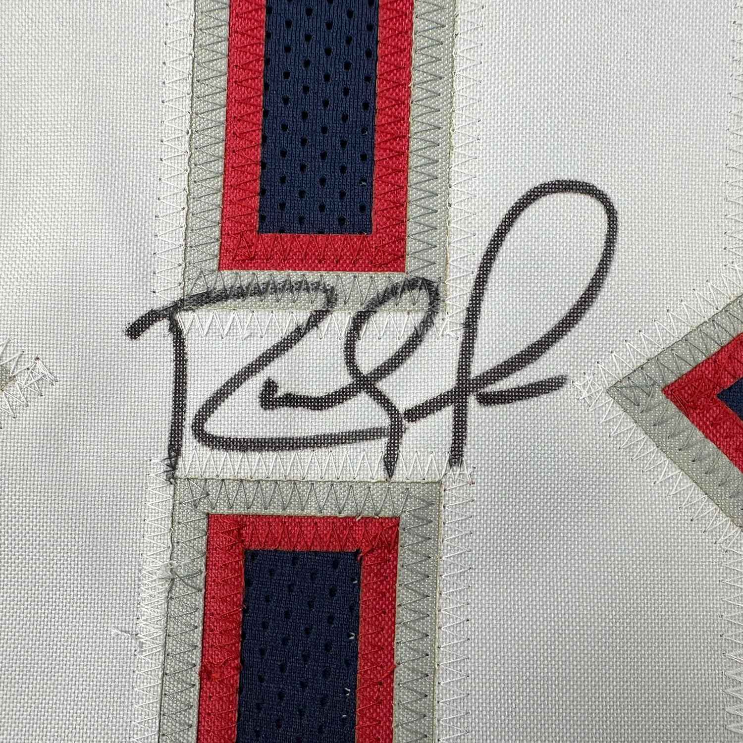 Framed Autographed/Signed Randy Moss 35x39 New England Blue Football Jersey Beckett BAS COA