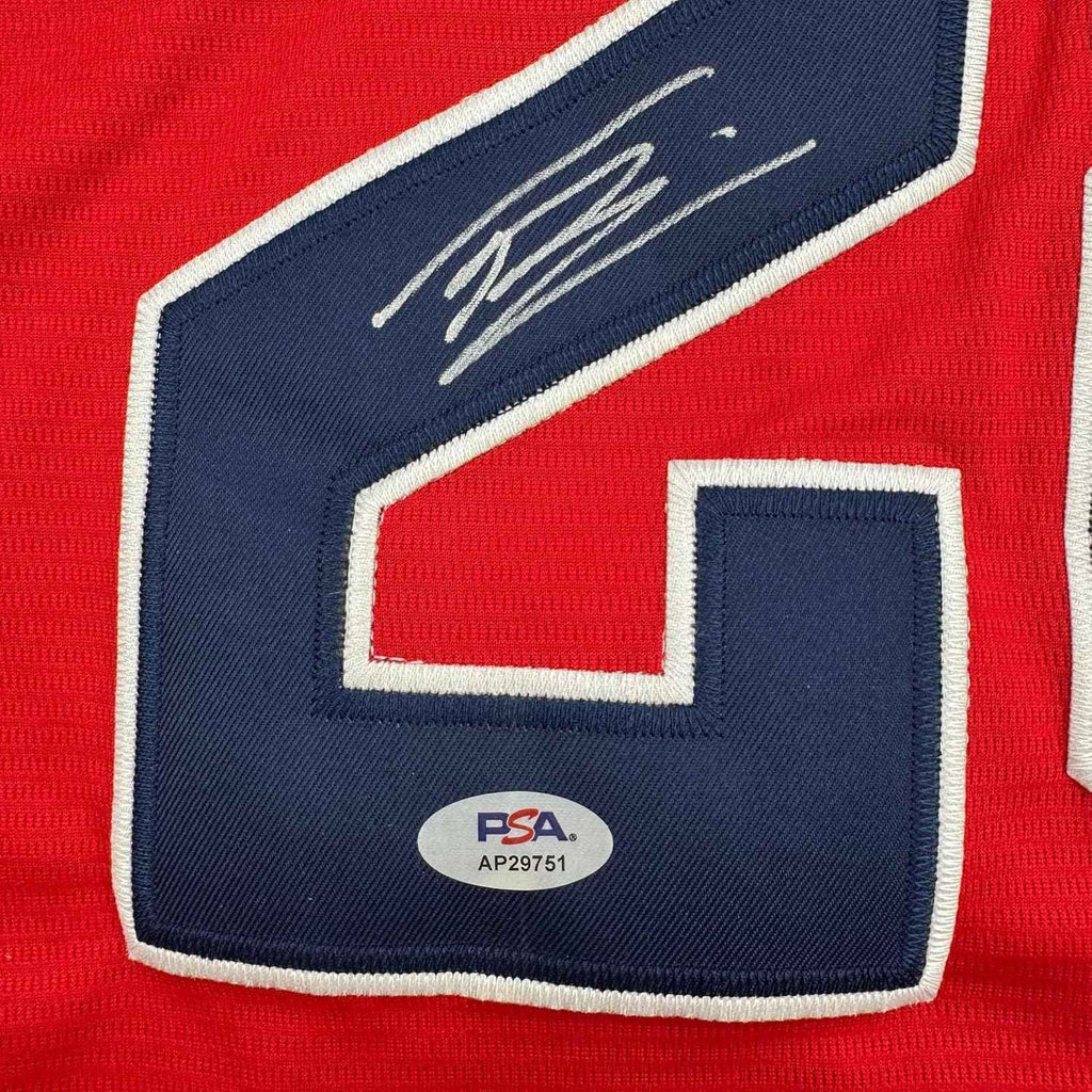 Framed Autographed/Signed Tanner Bibee 35x39 Cleveland Red Baseball Jersey PSA COA