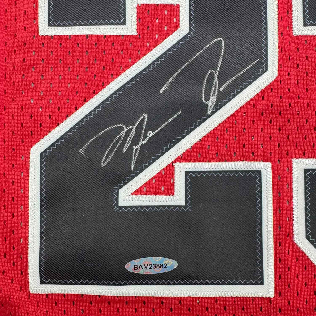 Framed Autographed/Signed Michael Jordan 35x39 Chicago Red Basketball Jersey Upper Deck UDA COA